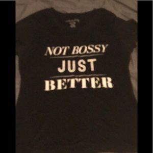 A black T-shirt with white lettering